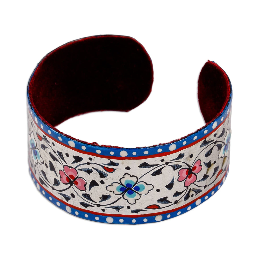 Painted Floral Adjustable Teal and White Tin Cuff Bracelet - Goddess of Harmony