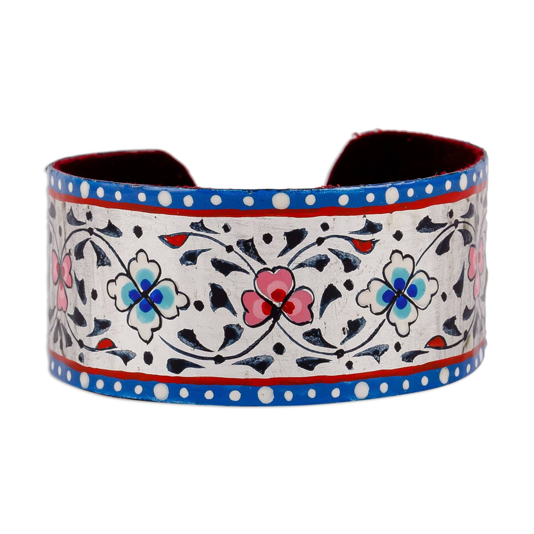 Painted Floral Adjustable Teal and White Tin Cuff Bracelet - Goddess of Harmony