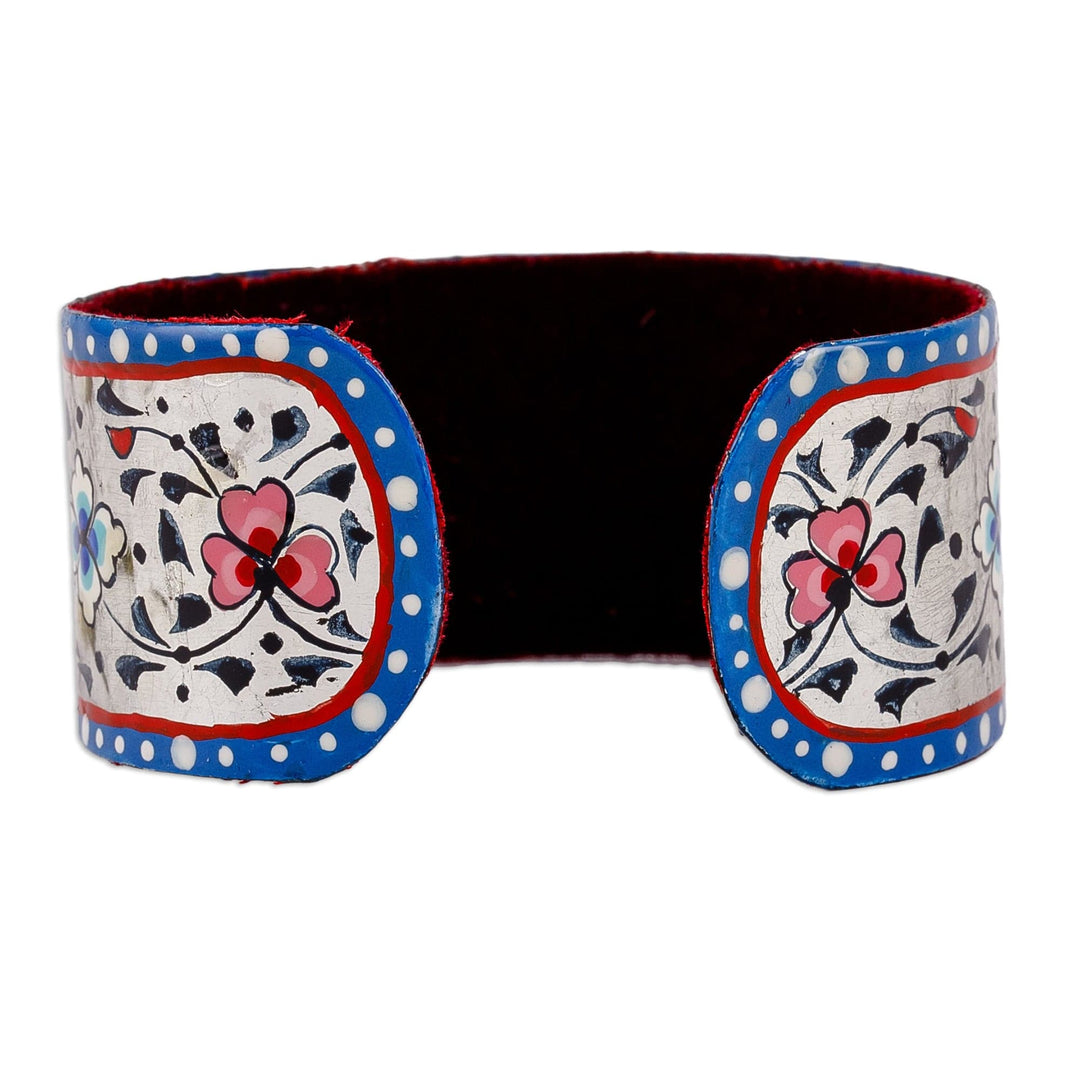 Painted Floral Adjustable Teal and White Tin Cuff Bracelet - Goddess of Harmony