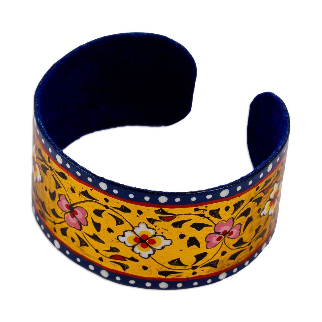 Painted Floral Adjustable Blue and Yellow Tin Cuff Bracelet - Goddess of Victory