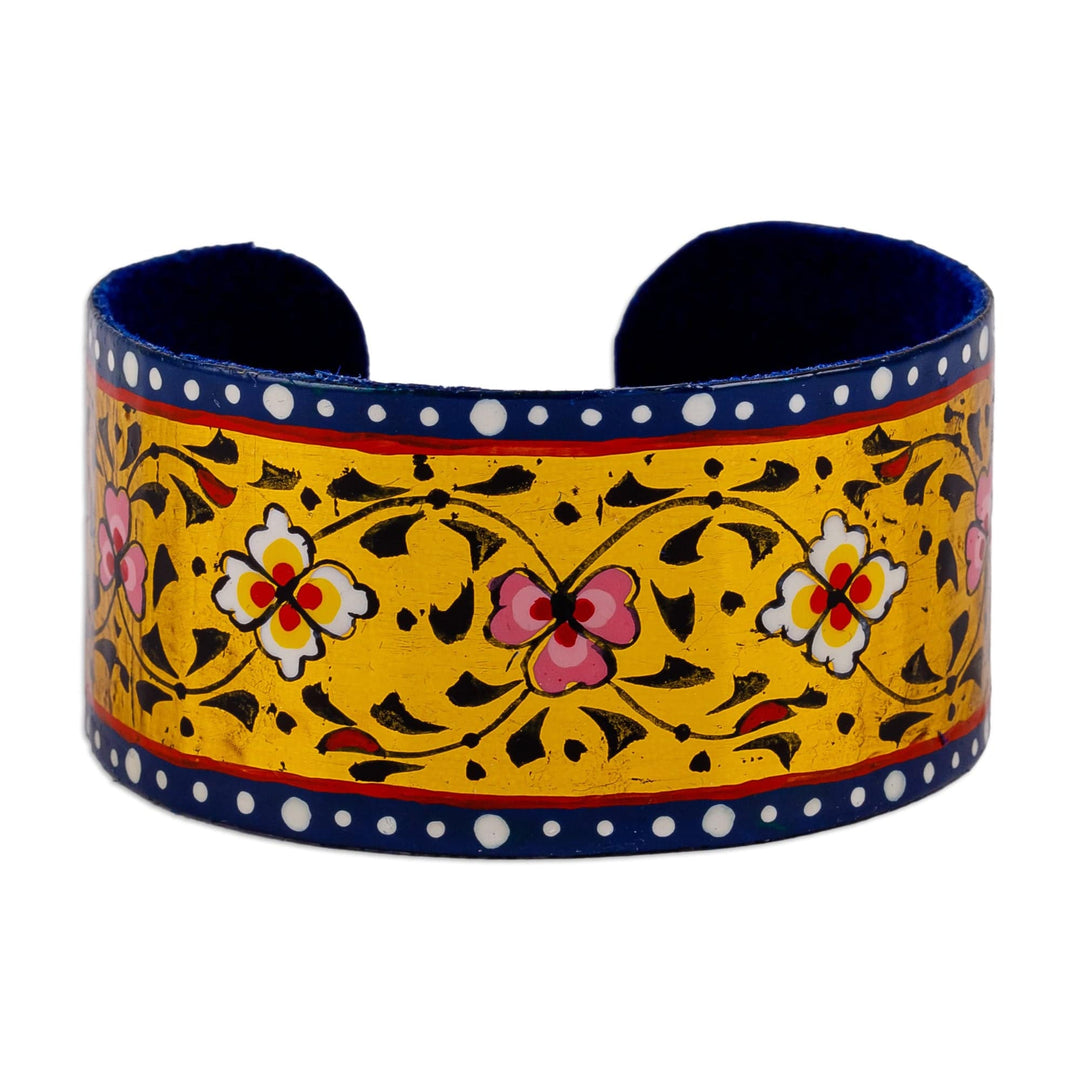 Painted Floral Adjustable Blue and Yellow Tin Cuff Bracelet - Goddess of Victory