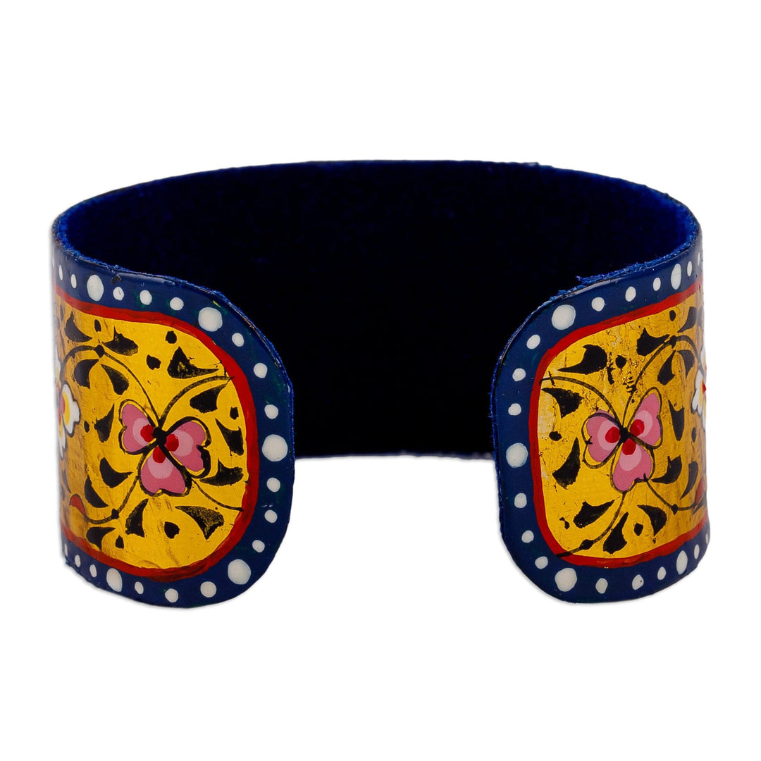 Painted Floral Adjustable Blue and Yellow Tin Cuff Bracelet - Goddess of Victory