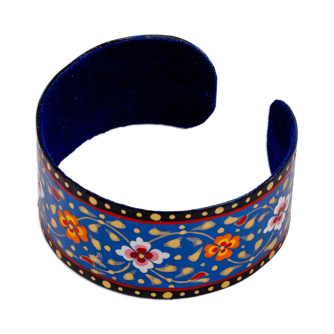 Painted Floral Adjustable Black and Blue Tin Cuff Bracelet - Goddess of Magic