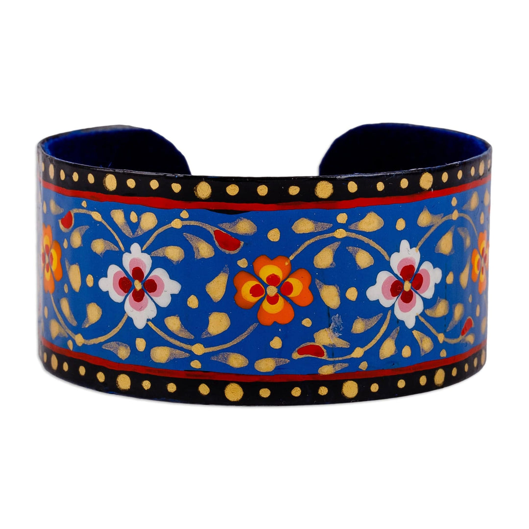 Painted Floral Adjustable Black and Blue Tin Cuff Bracelet - Goddess of Magic