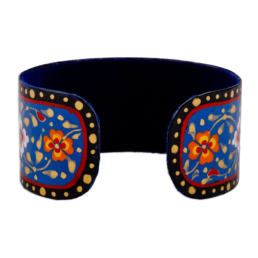Painted Floral Adjustable Black and Blue Tin Cuff Bracelet - Goddess of Magic