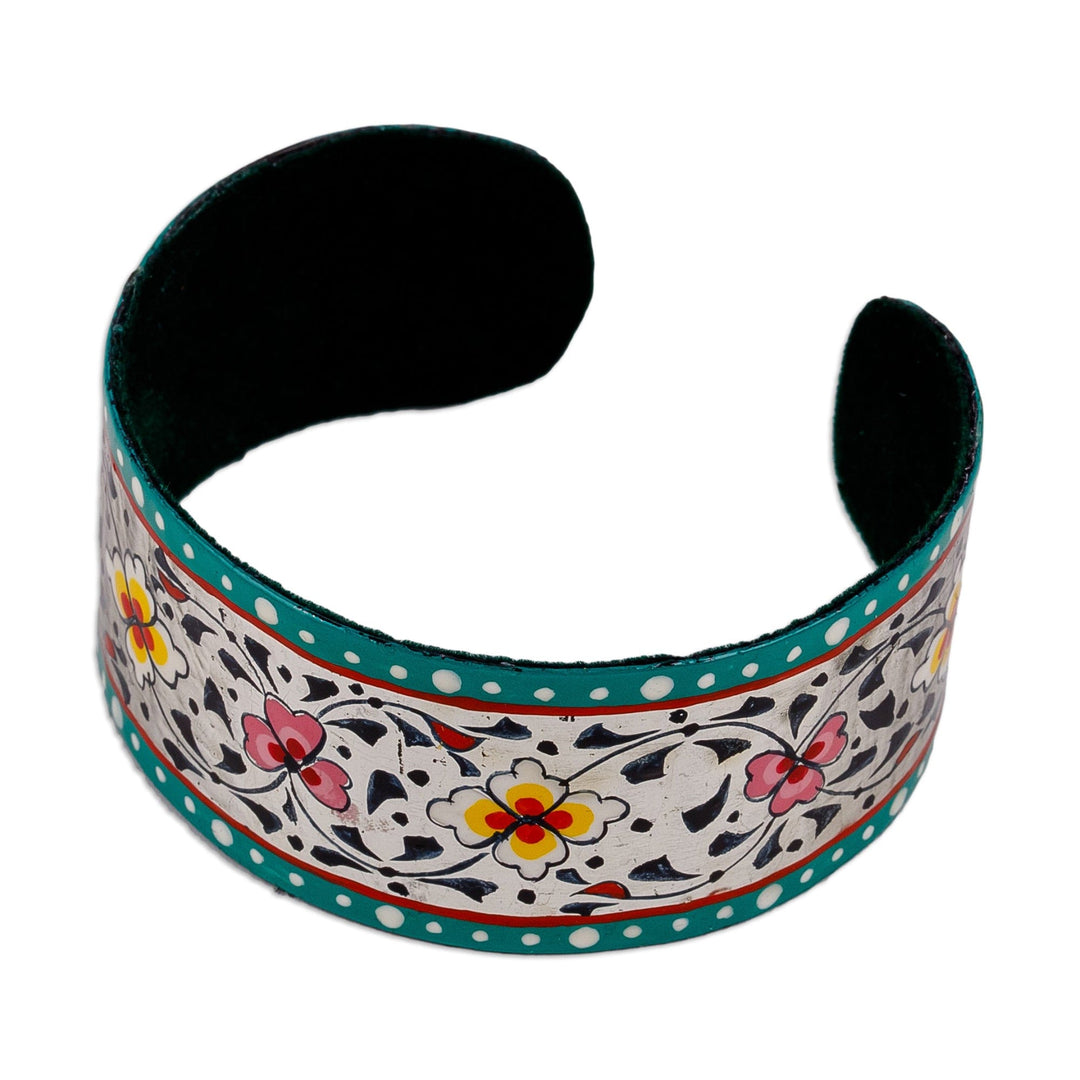 Floral Adjustable Turquoise and White Tin Cuff Bracelet - Goddess of Peace