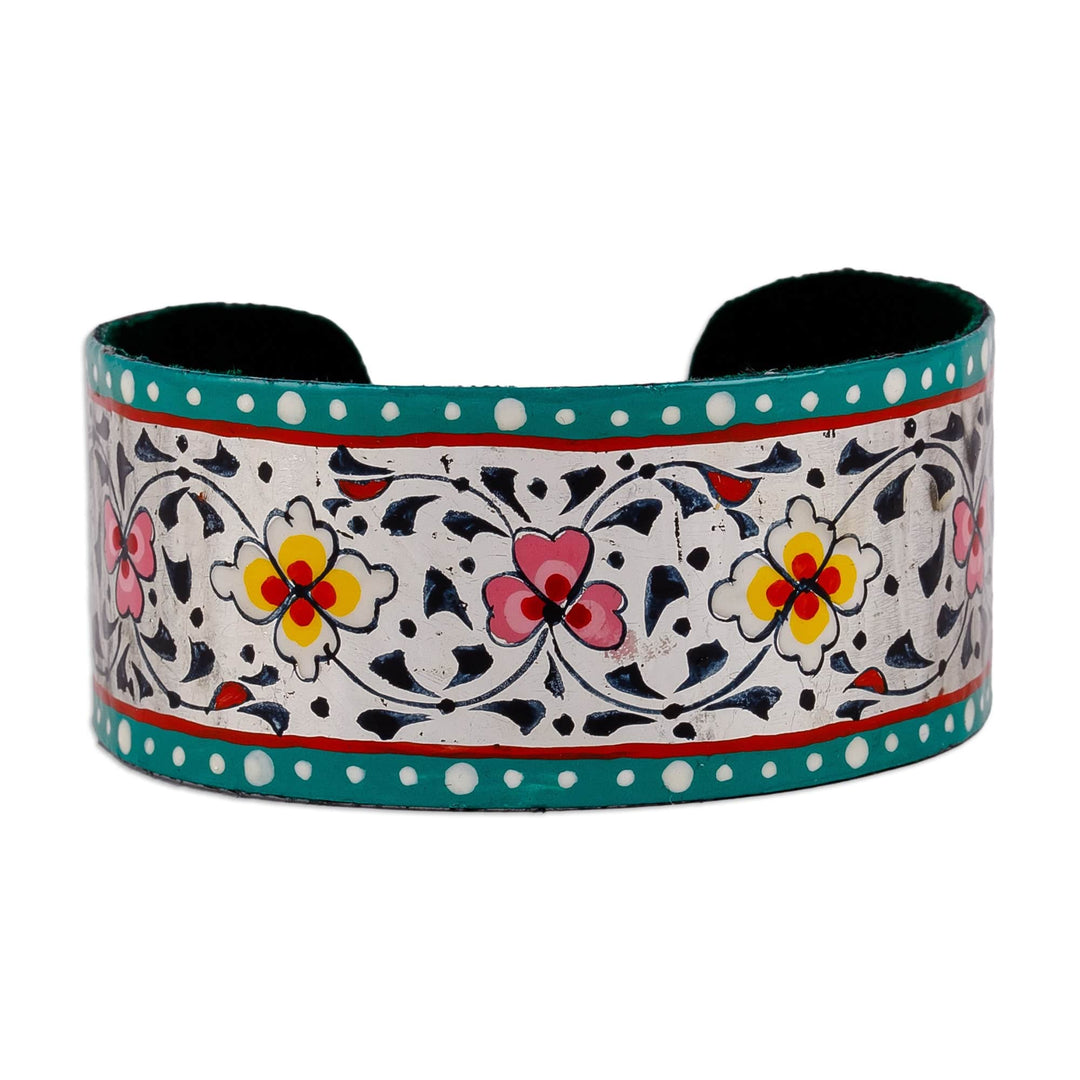 Floral Adjustable Turquoise and White Tin Cuff Bracelet - Goddess of Peace