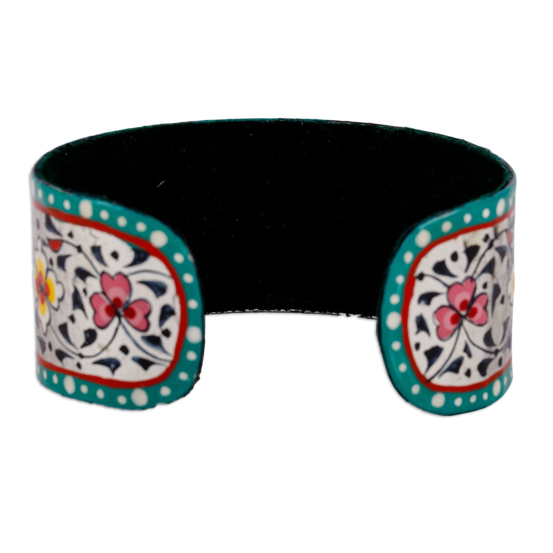 Floral Adjustable Turquoise and White Tin Cuff Bracelet - Goddess of Peace