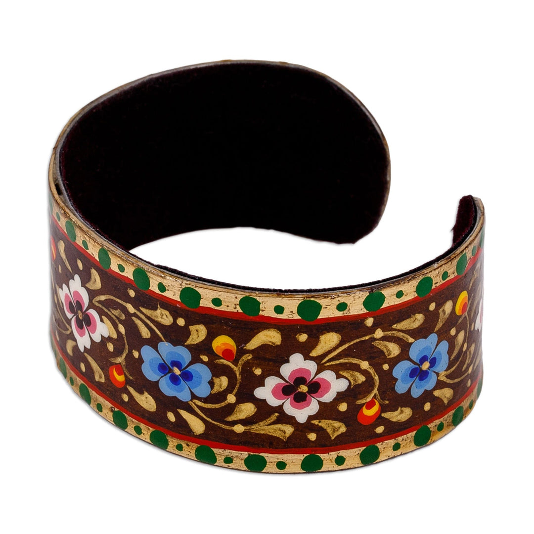 Floral Adjustable Golden, Green and Brown Tin Cuff Bracelet - Goddess of Forests