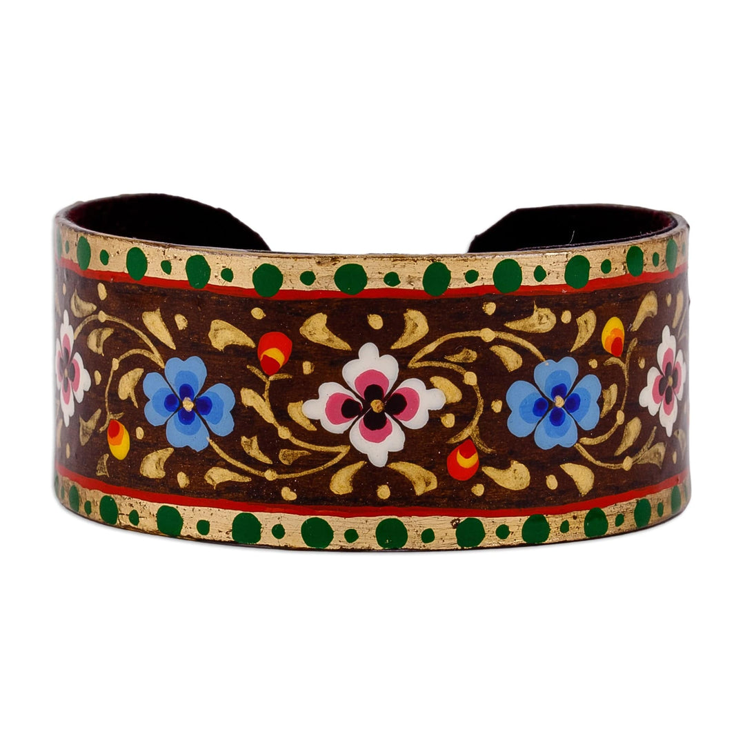 Floral Adjustable Golden, Green and Brown Tin Cuff Bracelet - Goddess of Forests