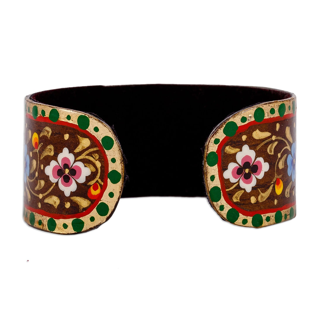 Floral Adjustable Golden, Green and Brown Tin Cuff Bracelet - Goddess of Forests