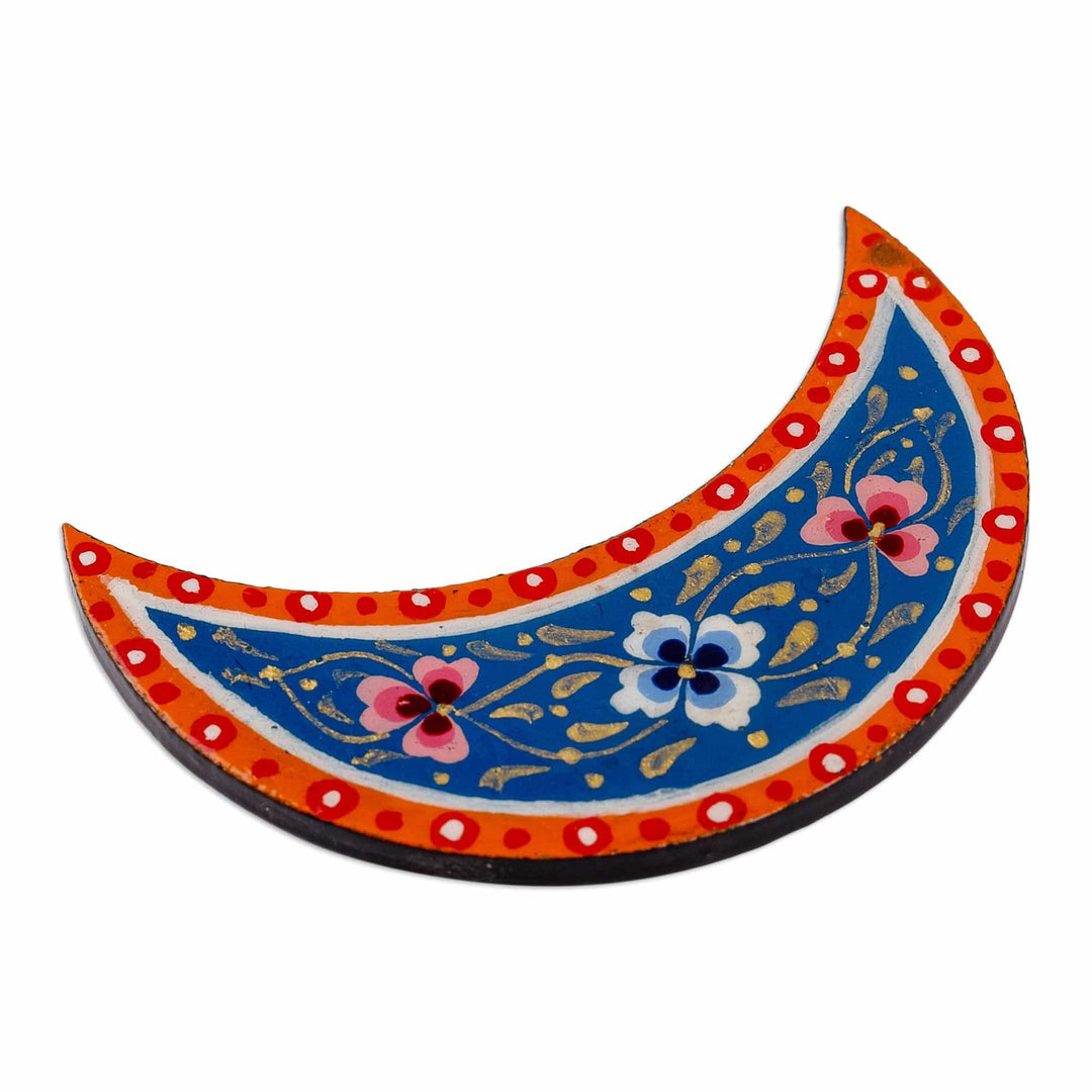 Lacquered Hand-Painted Papier Mache Crescent Moon Magnet - Spectacular Crescent