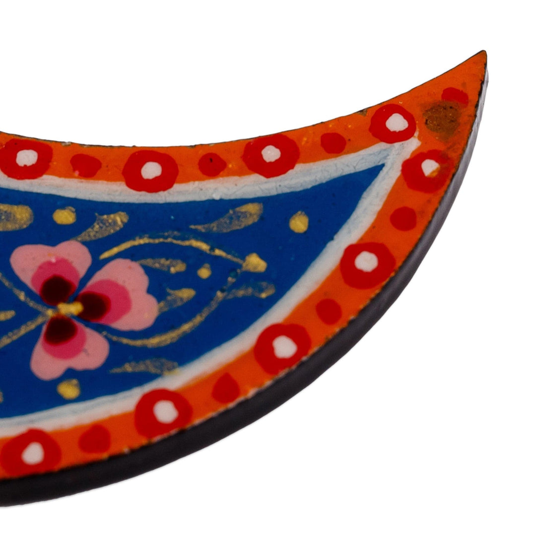 Lacquered Hand-Painted Papier Mache Crescent Moon Magnet - Spectacular Crescent