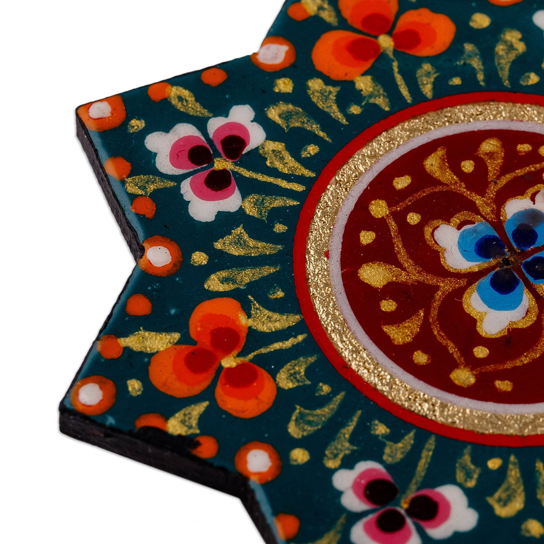Lacquered Hand-Painted Papier Mache Floral Star Magnet - Floral Star