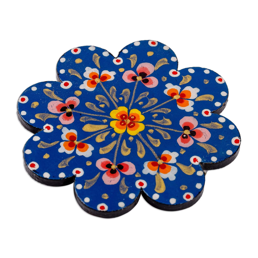 Lacquered Hand-Painted Papier Mache Blue Flower Magnet - Blue Flower