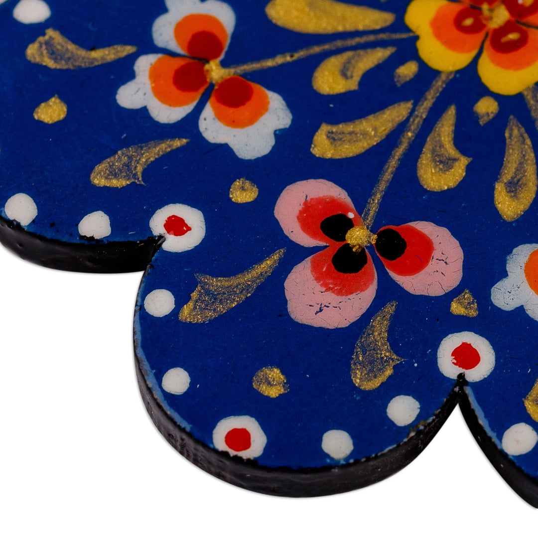 Lacquered Hand-Painted Papier Mache Blue Flower Magnet - Blue Flower