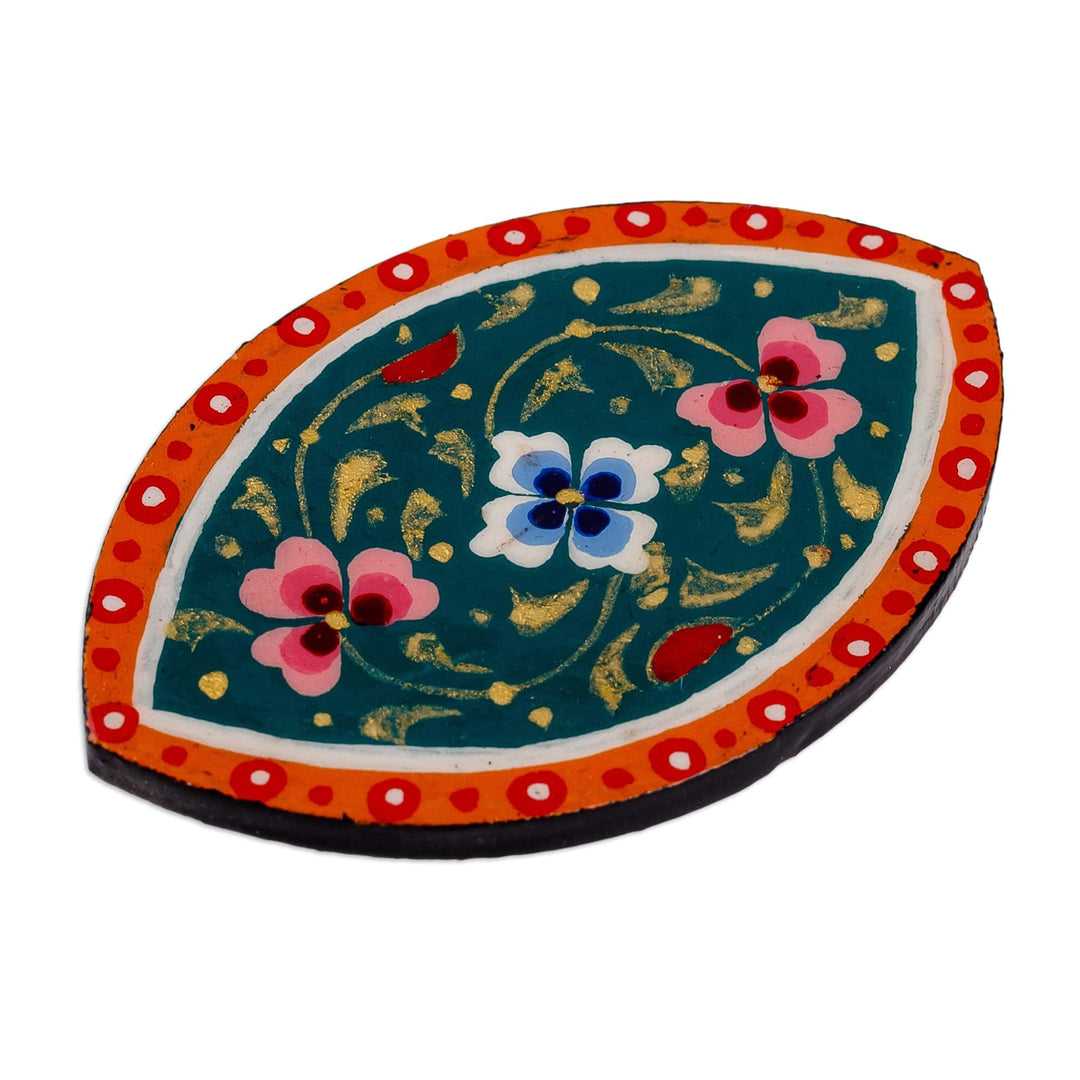 Lacquered Hand-Painted Oval Papier Mache Floral Magnet - Blossoming Oval