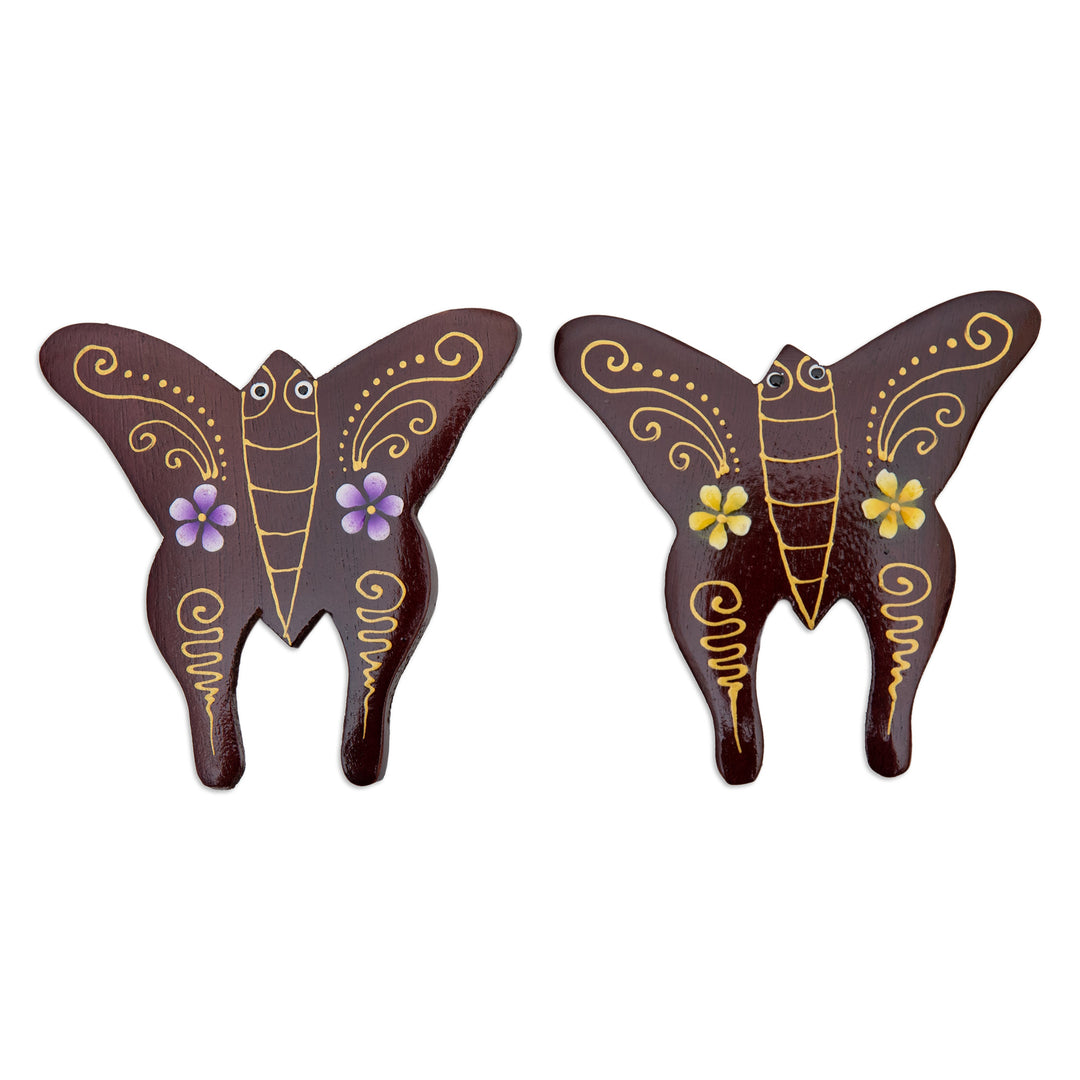 Set of 2 Hand-Painted Floral Butterfly-Shaped Wood Magnets - Paradisial Butterflies