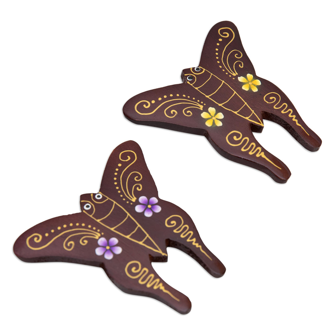 Set of 2 Hand-Painted Floral Butterfly-Shaped Wood Magnets - Paradisial Butterflies