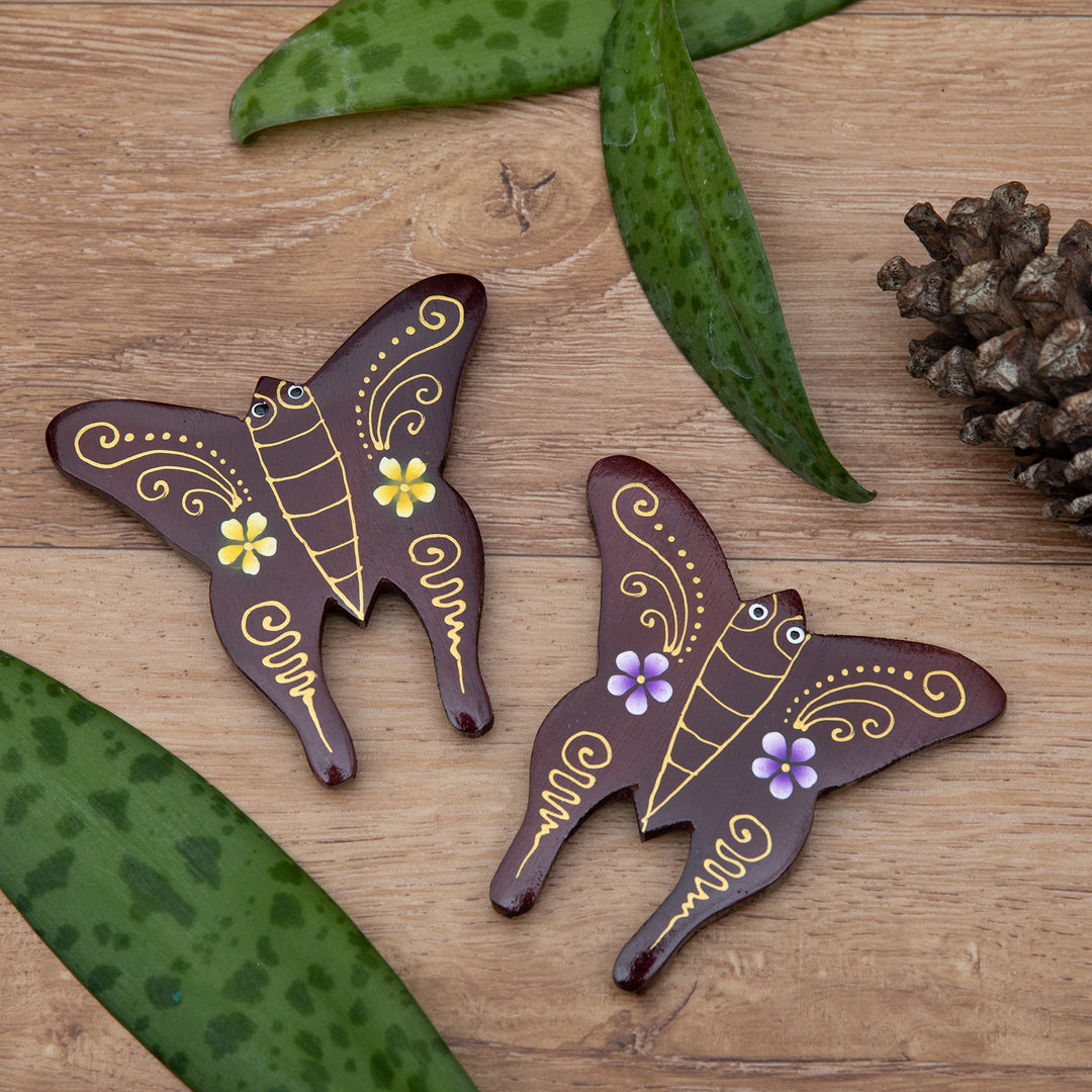 Set of 2 Hand-Painted Floral Butterfly-Shaped Wood Magnets - Paradisial Butterflies