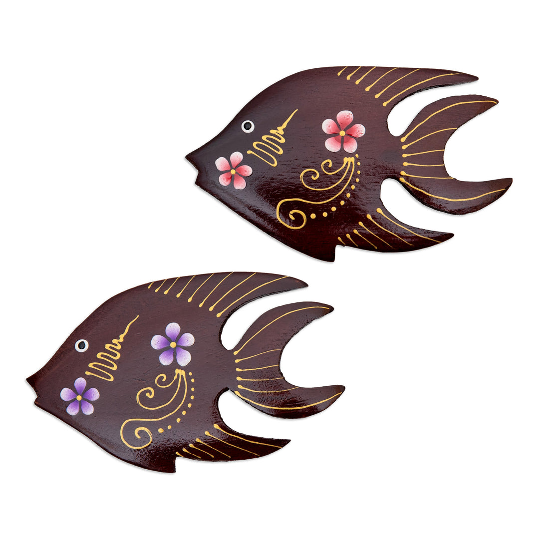 Set of 2 Hand-Painted Floral Fish-Shaped Wood Magnets - Paradisial Fish