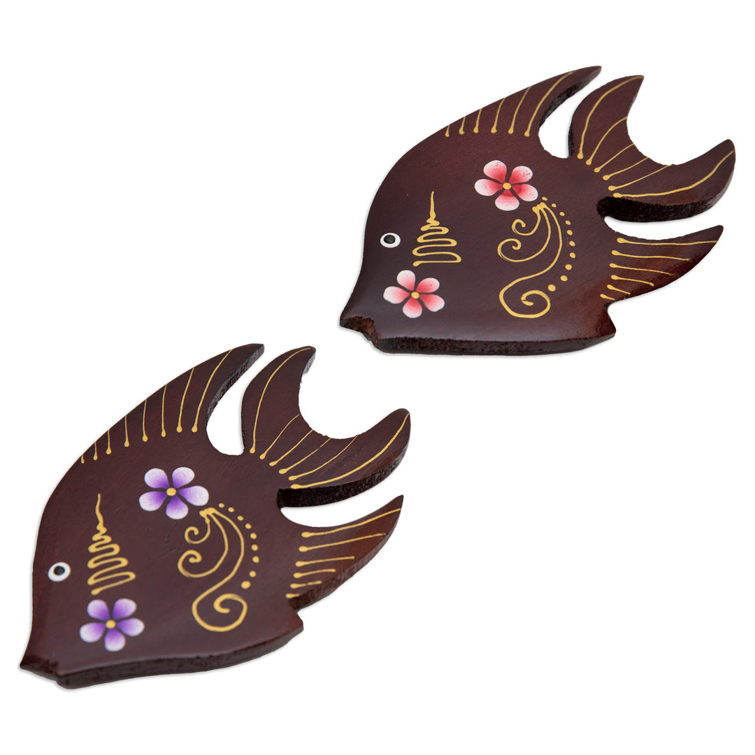 Set of 2 Hand-Painted Floral Fish-Shaped Wood Magnets - Paradisial Fish