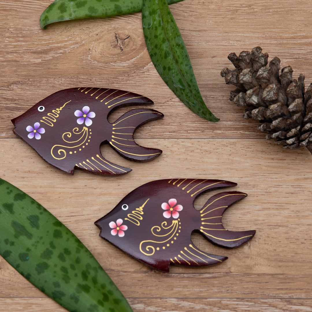Set of 2 Hand-Painted Floral Fish-Shaped Wood Magnets - Paradisial Fish