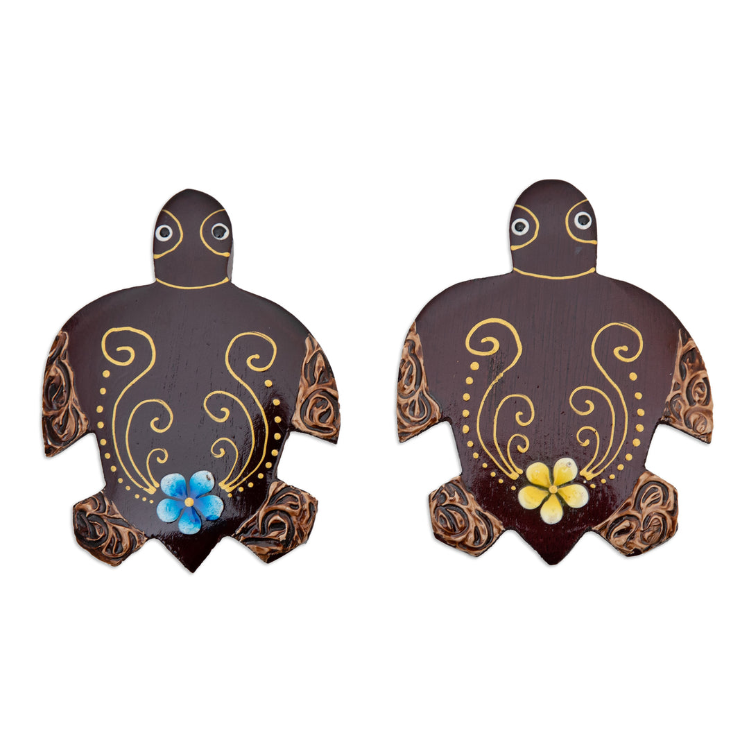 Set of 2 Hand-Painted Floral Turtle-Shaped Wood Magnets - Paradisial Turtles