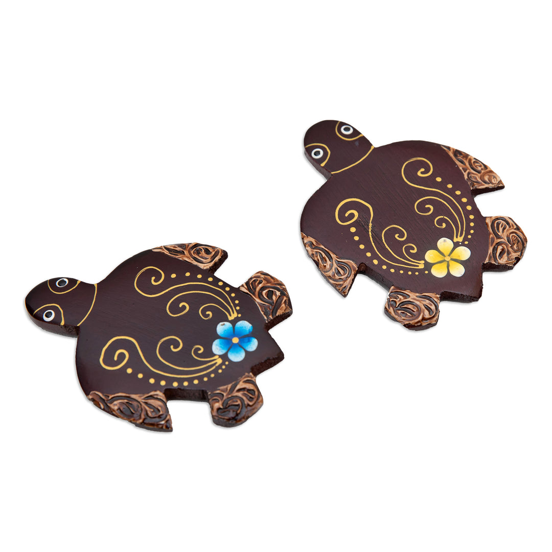 Set of 2 Hand-Painted Floral Turtle-Shaped Wood Magnets - Paradisial Turtles