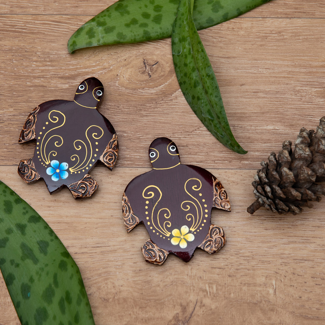 Set of 2 Hand-Painted Floral Turtle-Shaped Wood Magnets - Paradisial Turtles