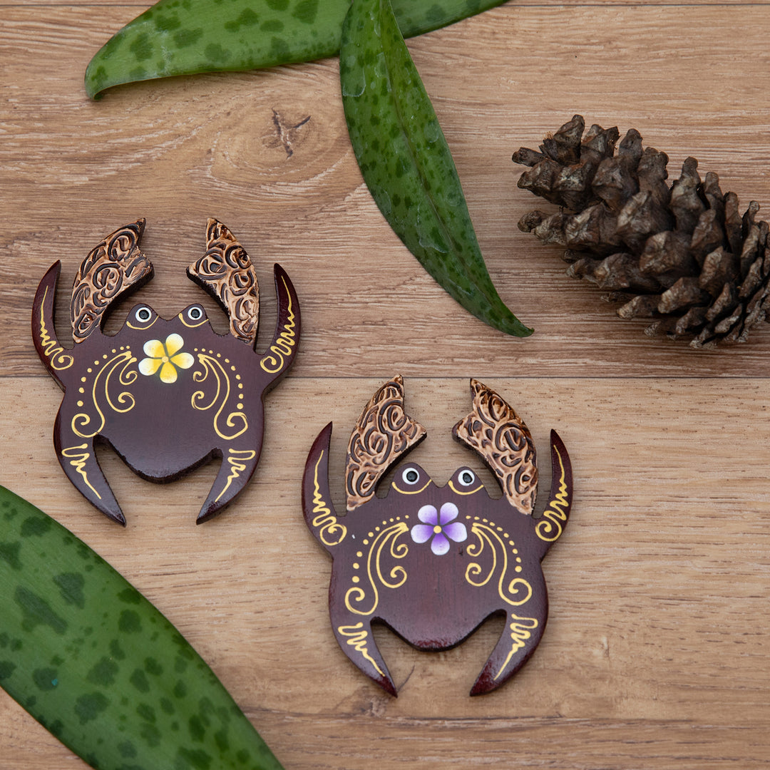 Set of 2 Hand-Painted Floral Crab-Shaped Wood Magnets - Paradisial Crab