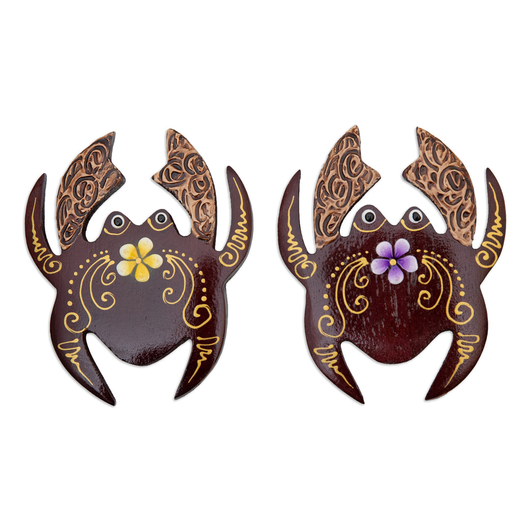 Set of 2 Hand-Painted Floral Crab-Shaped Wood Magnets - Paradisial Crab