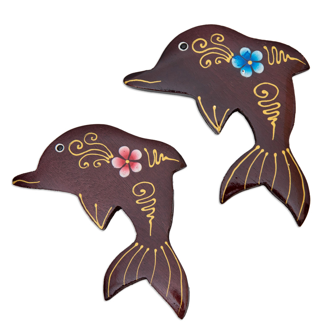 Set of 2 Hand-Painted Floral Dolphin-Shaped Wood Magnets - Paradisial Dolphins