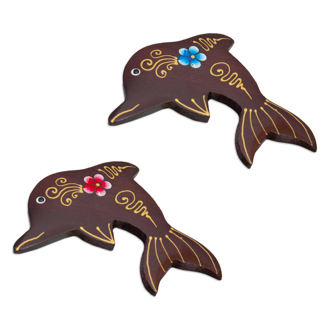 Set of 2 Hand-Painted Floral Dolphin-Shaped Wood Magnets - Paradisial Dolphins