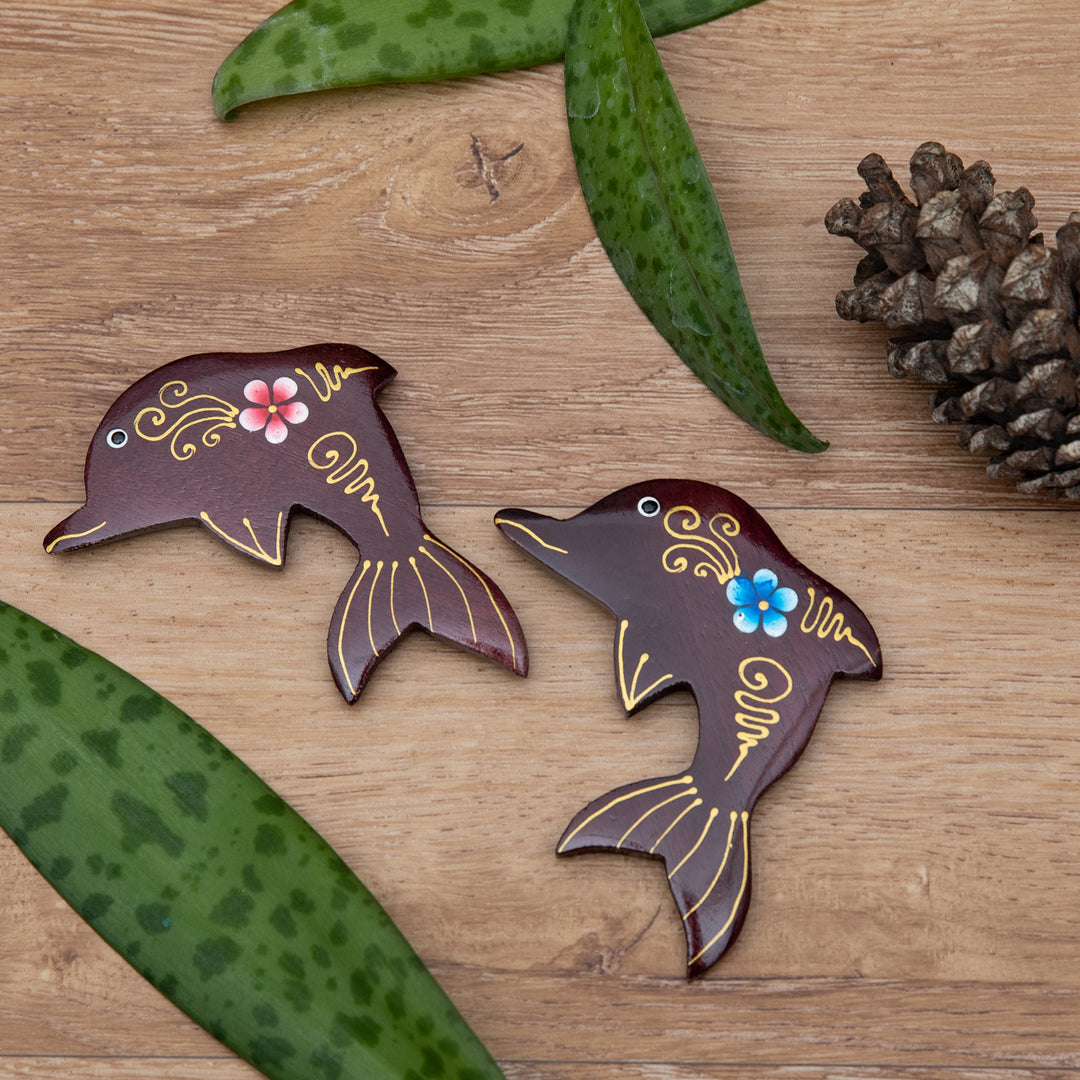 Set of 2 Hand-Painted Floral Dolphin-Shaped Wood Magnets - Paradisial Dolphins