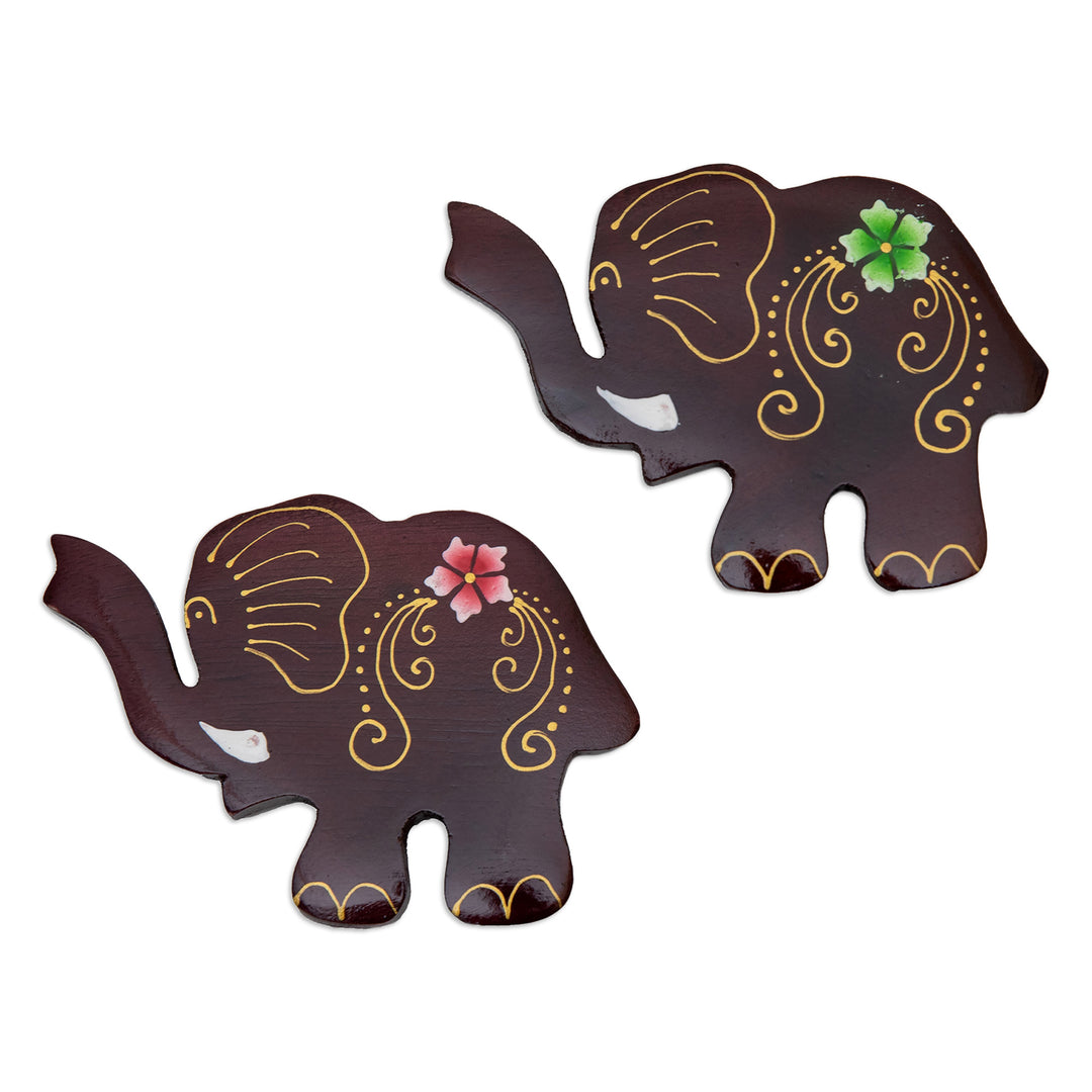 Set of 2 Hand-Painted Floral Elephant-Shaped Wood Magnets - Paradisial Elephants