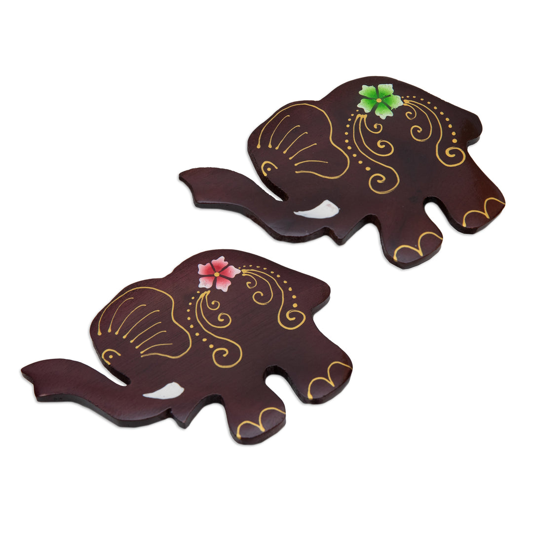 Set of 2 Hand-Painted Floral Elephant-Shaped Wood Magnets - Paradisial Elephants