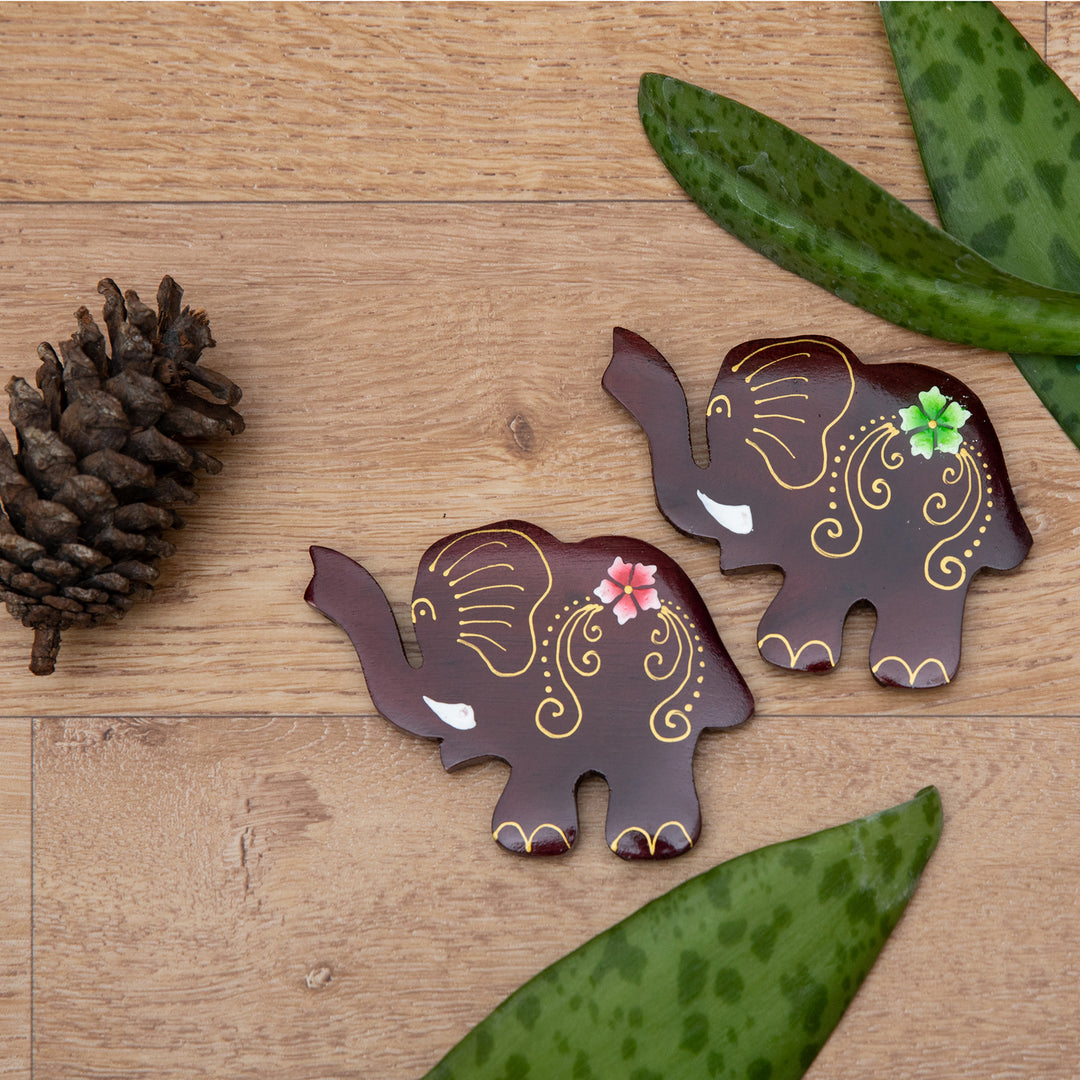 Set of 2 Hand-Painted Floral Elephant-Shaped Wood Magnets - Paradisial Elephants