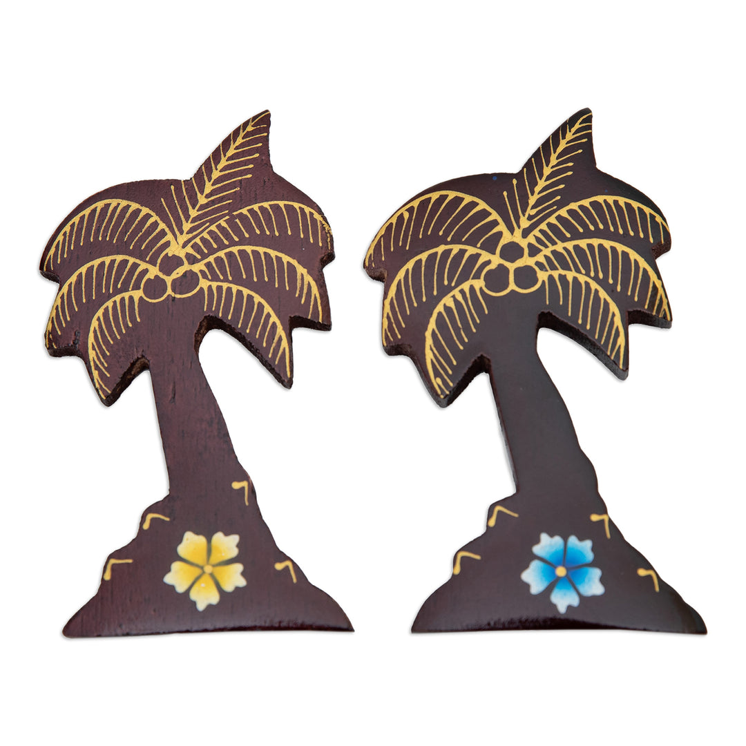 Set of 2 Hand-Painted Floral Palm Tree-Shaped Wood Magnets - Paradisial Coasts