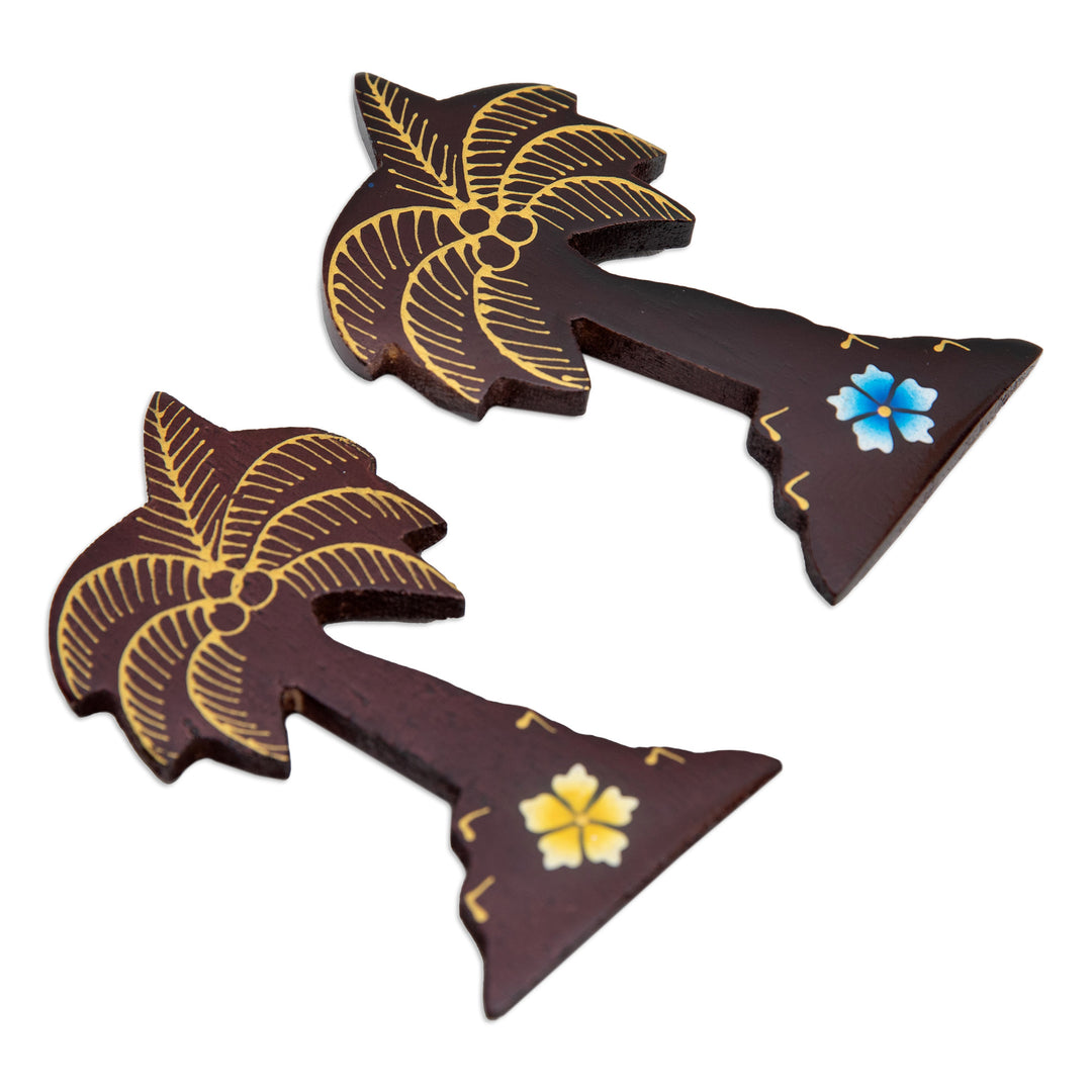 Set of 2 Hand-Painted Floral Palm Tree-Shaped Wood Magnets - Paradisial Coasts