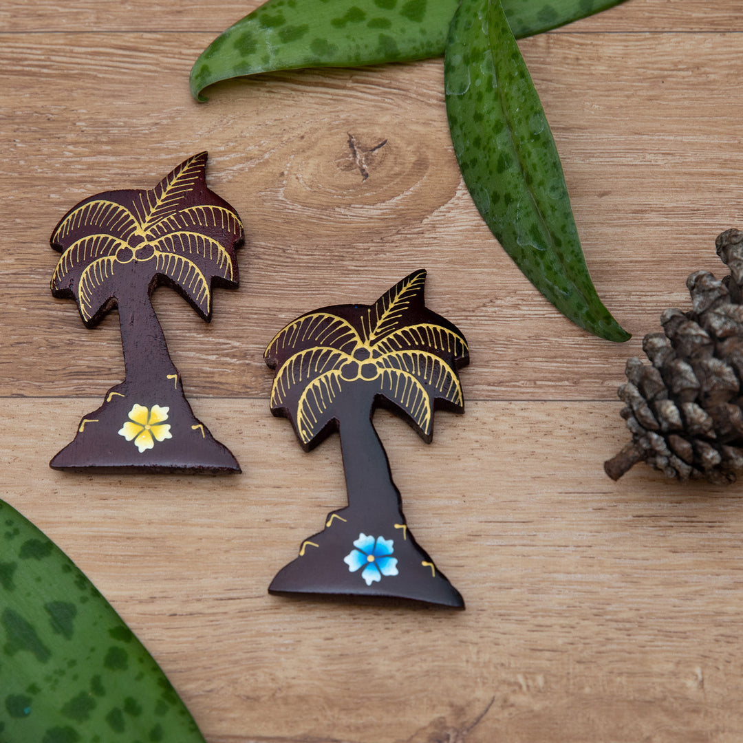Set of 2 Hand-Painted Floral Palm Tree-Shaped Wood Magnets - Paradisial Coasts