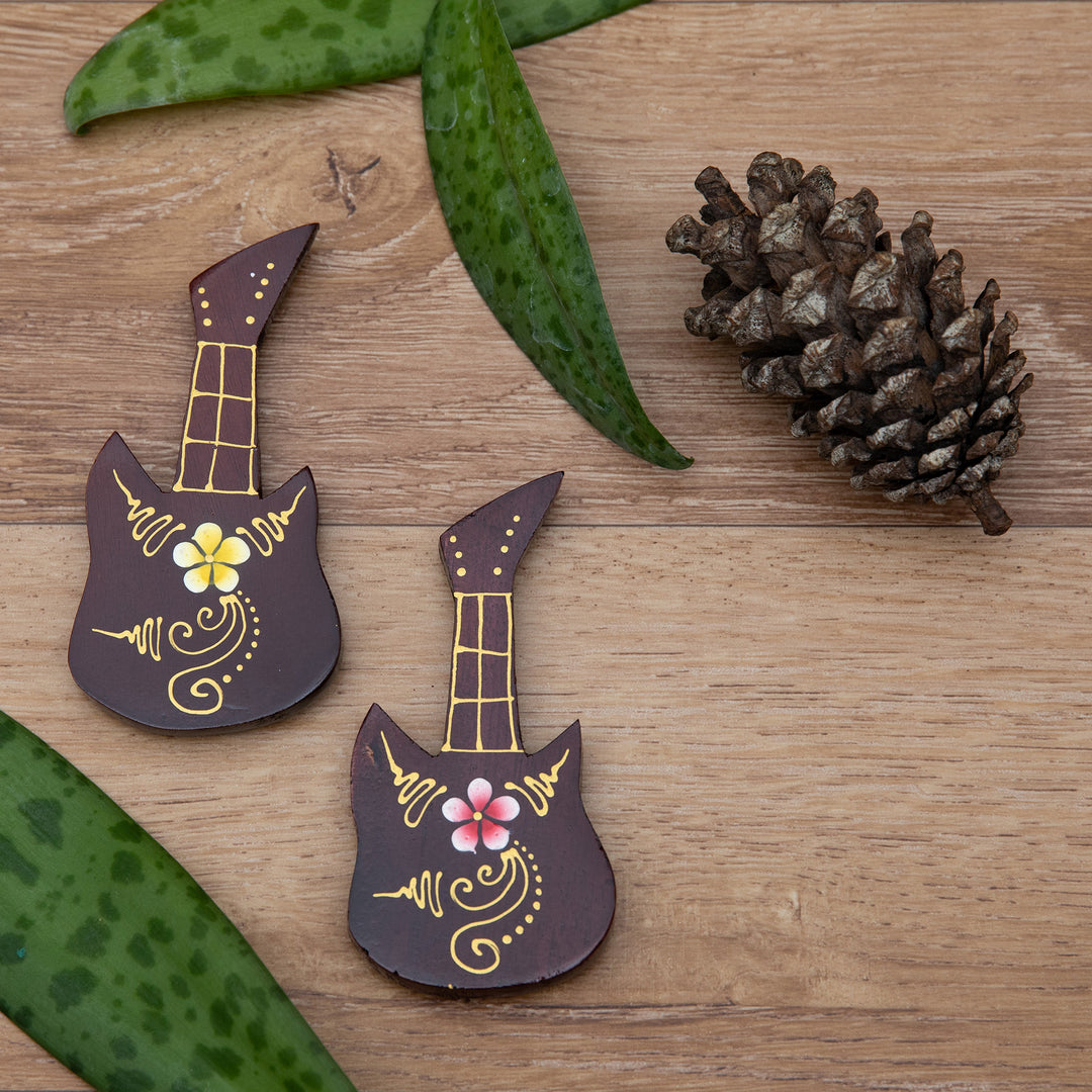 Set of 2 Hand-Painted Floral Guitar-Shaped Wood Magnets - Paradisial Melodies