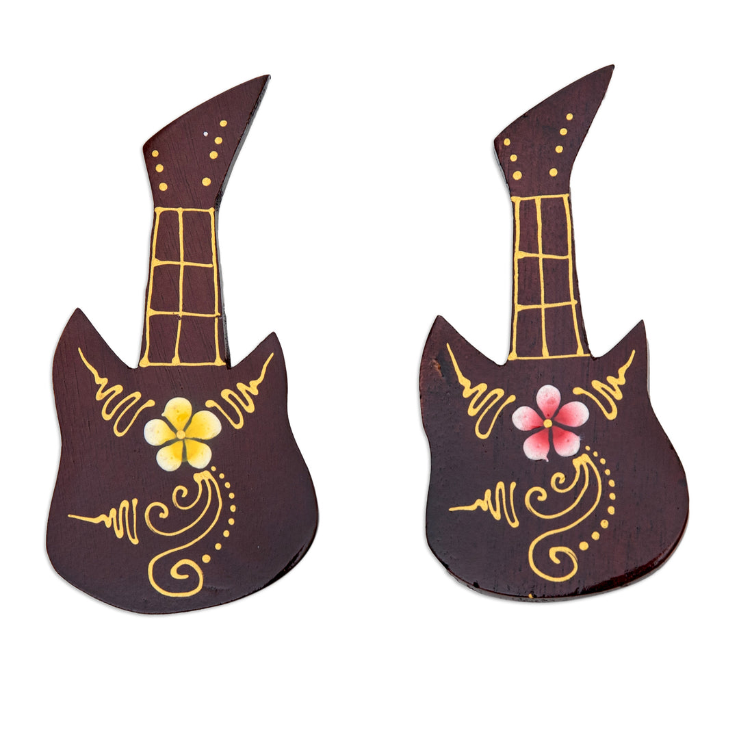 Set of 2 Hand-Painted Floral Guitar-Shaped Wood Magnets - Paradisial Melodies