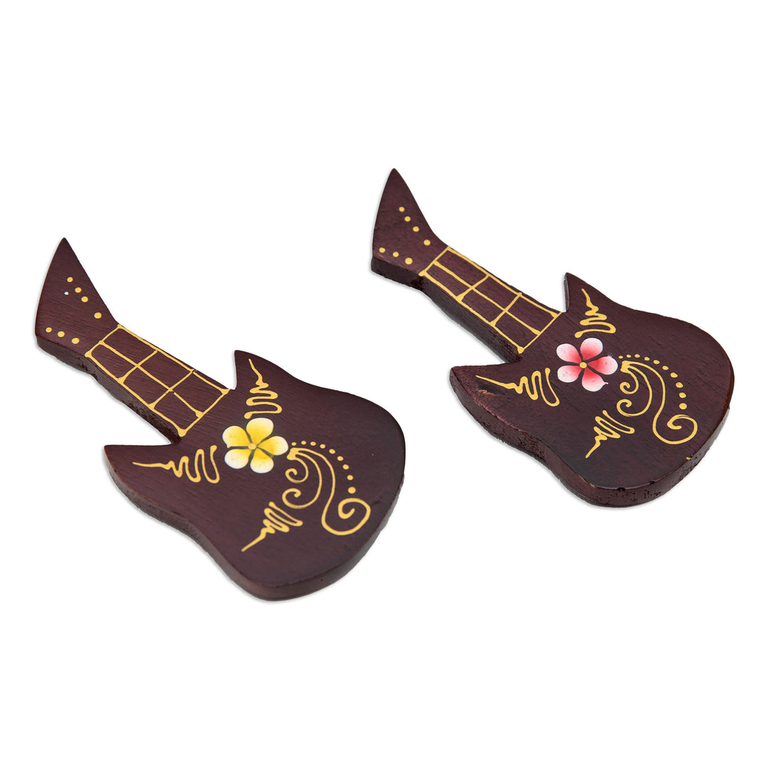 Set of 2 Hand-Painted Floral Guitar-Shaped Wood Magnets - Paradisial Melodies