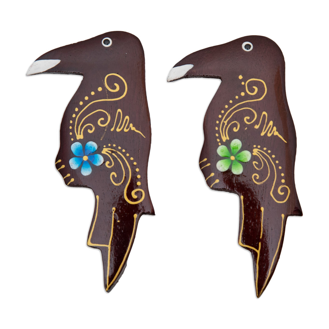 Set of 2 Painted Floral Starling Bird-Shaped Wood Magnets - Paradisial Starlings