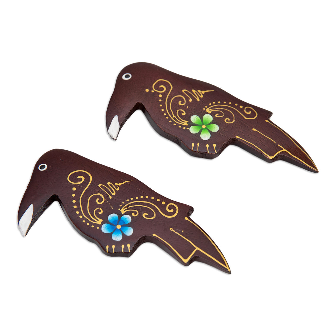 Set of 2 Painted Floral Starling Bird-Shaped Wood Magnets - Paradisial Starlings