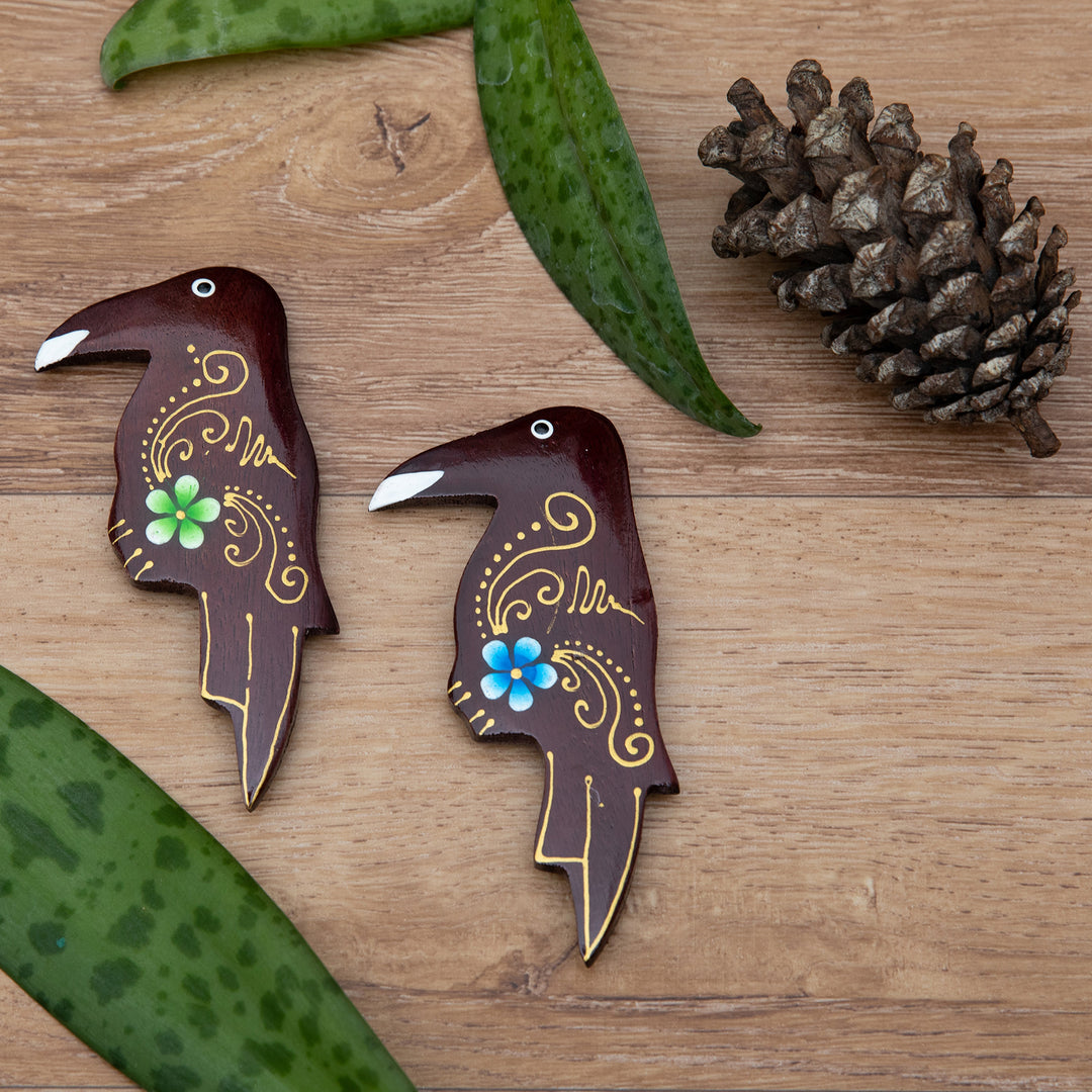 Set of 2 Painted Floral Starling Bird-Shaped Wood Magnets - Paradisial Starlings