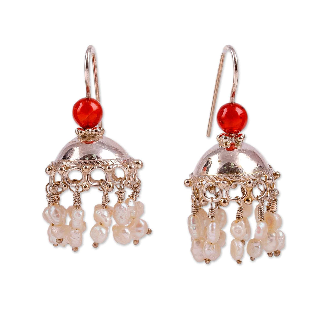 Traditional Cultured Pearl and Carnelian Chandelier Earrings - Lands of Fire