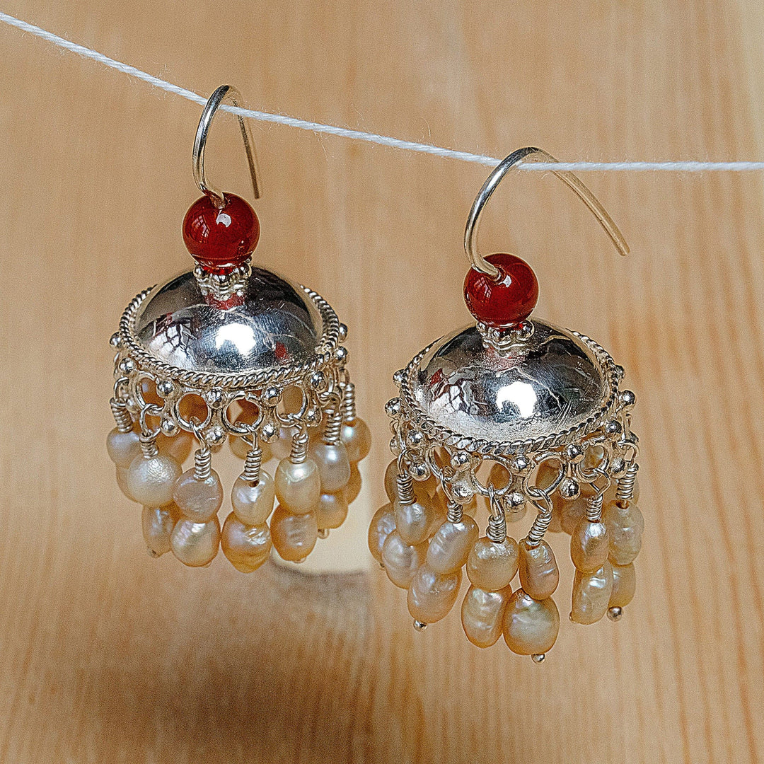 Traditional Cultured Pearl and Carnelian Chandelier Earrings - Lands of Fire