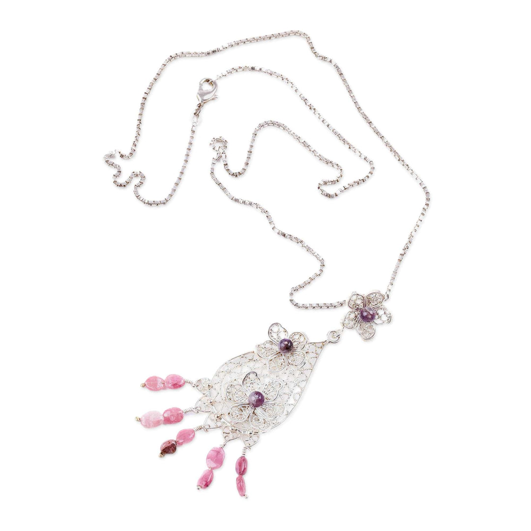 Amethyst and Tourmaline Floral Filigree Pendant Necklace - Elysium Creativity
